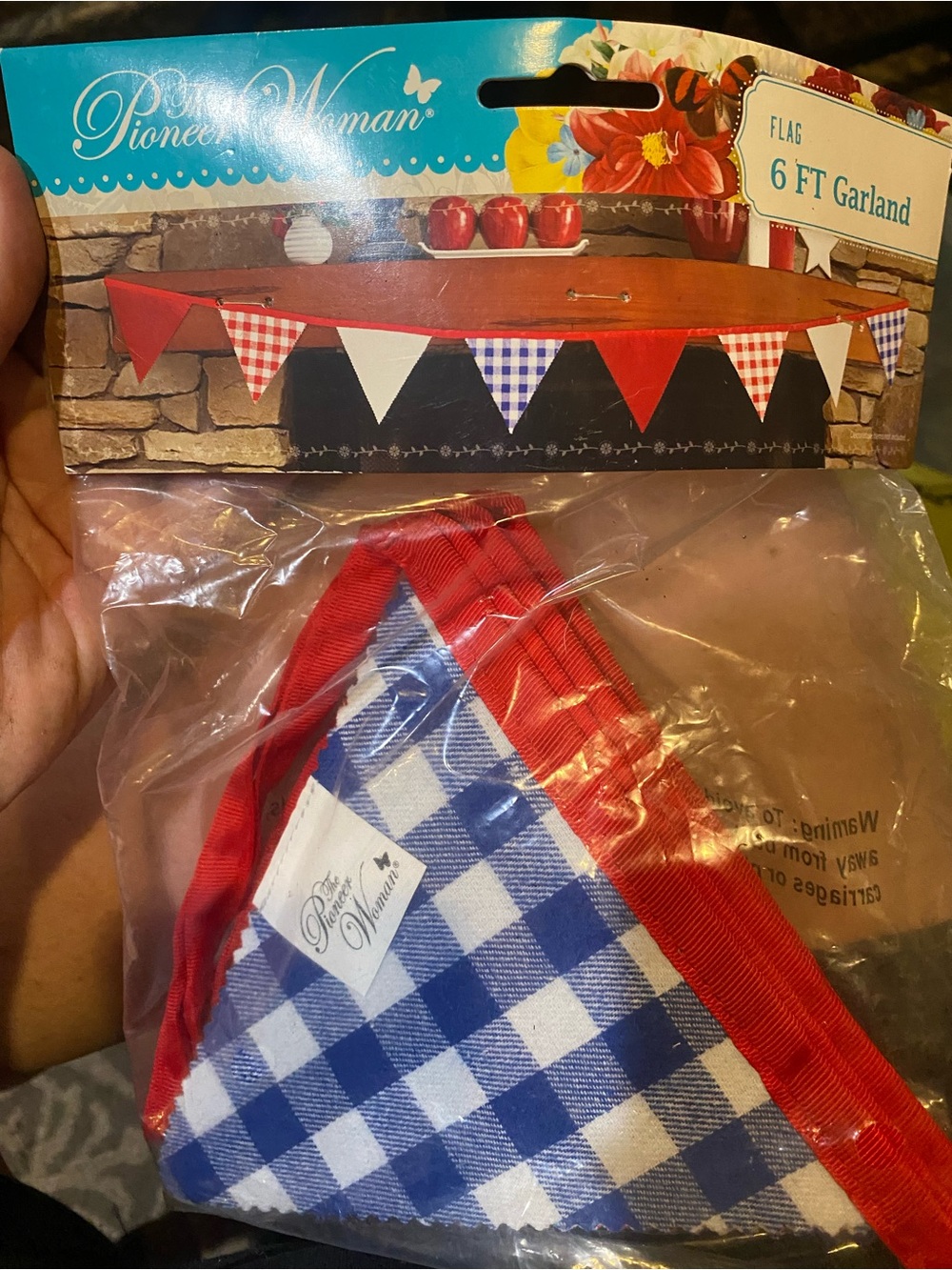 The Pioneer Woman Blue & Red Gingham Flag Garland 6 ft